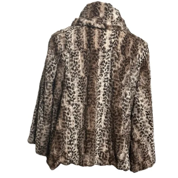 Faux Fur Leopard Print 3/4 Sleeve Jacket Snap Front Coat Collar - Picture 6 of 11